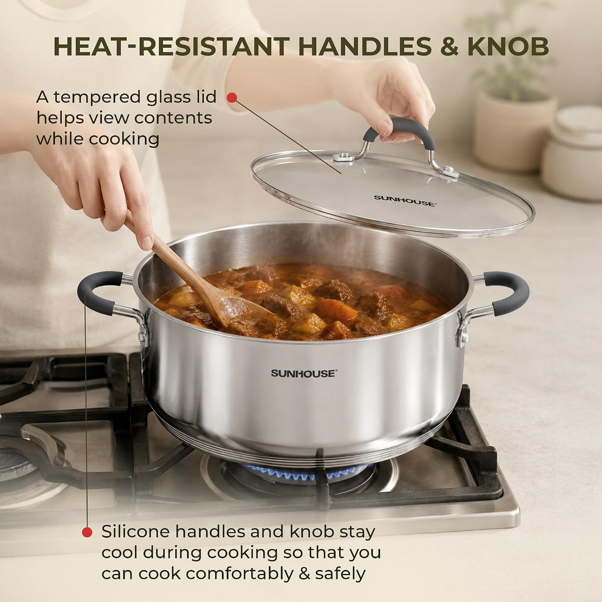 Sunhouse - 3.1 Quarts Steamer Pots With Lid 2-Tier Multipurpose Stainless Steel Steaming Pot Cookware For Vegetable, Dumpling, Sauce, Food - Triple Bottom, Measurement Line