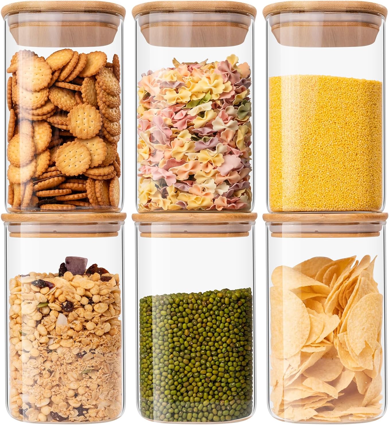 Glass Food Storage Jars 37 oz Set of 6,Glass Storage Containers Clear Glass Food Canister with Bambo
