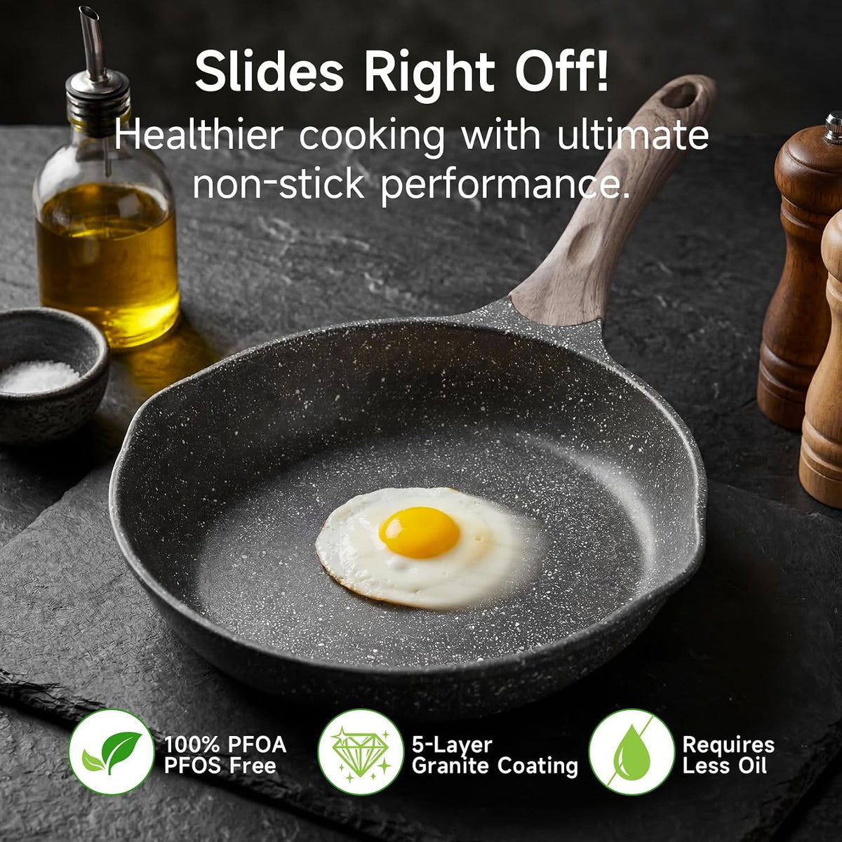 JEETEE 9.5 Inch Nonstick Frying Pan, Stone Coating Cookware, Nonstick Omelette Pan with Heat-Resistant Handle, Induction Skillet for Eggs (Grey)