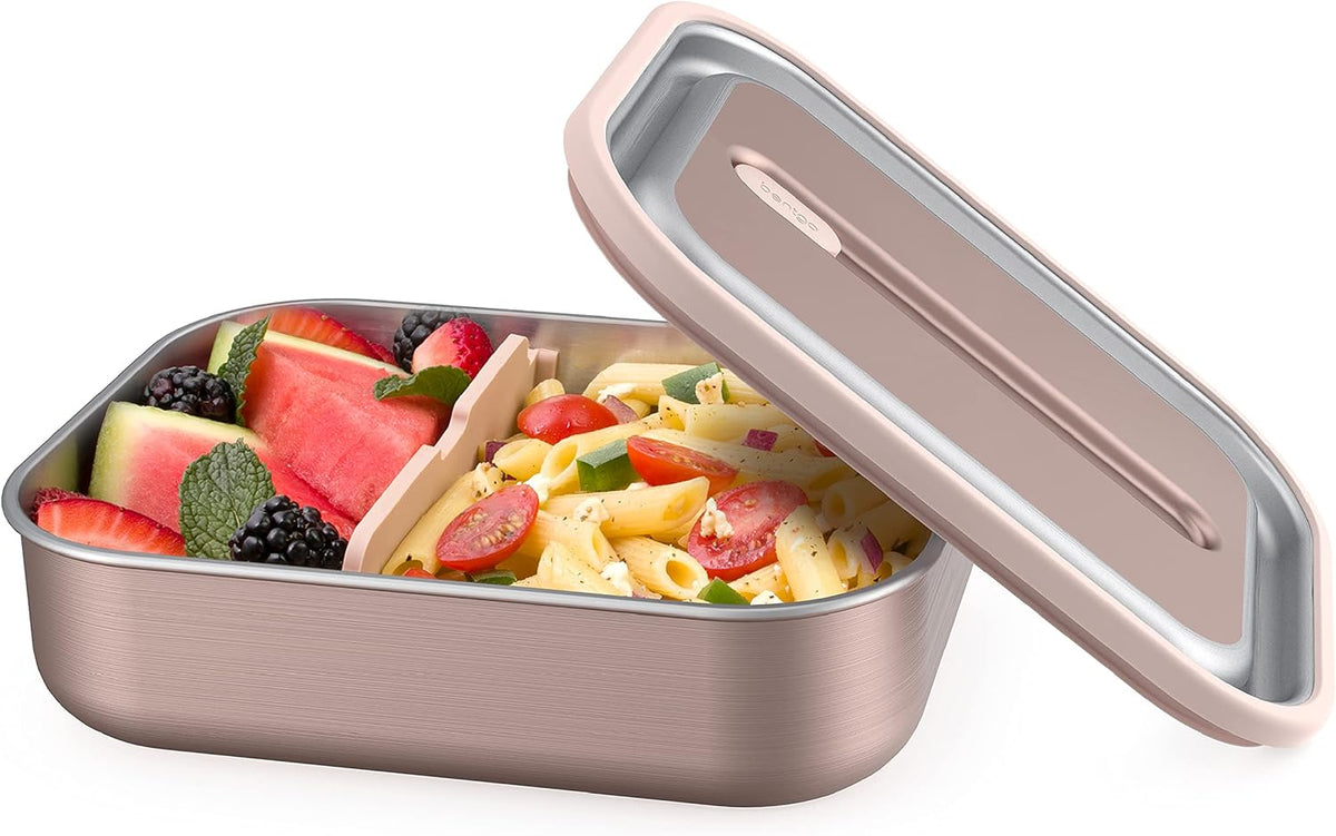 Bentgo MicroSteel Leak-Proof Lunch Box - Microwave-Safe, Oven-Safe, Bento-Style Container with Removable Divider, Airtight Lid, Sustainable Design, Odor & Stain Resistant (Rose Gold)