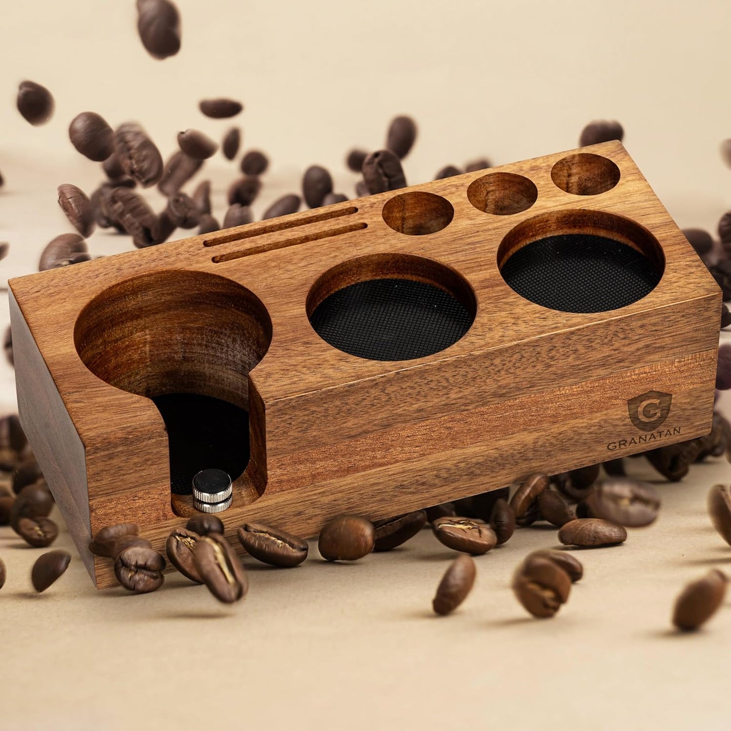 Espresso Tamping Station for 54 mm and 58 mm Portafilters | Acacia Wood Coffee Tool Organizer with Adjustable Support and Rubber Feet