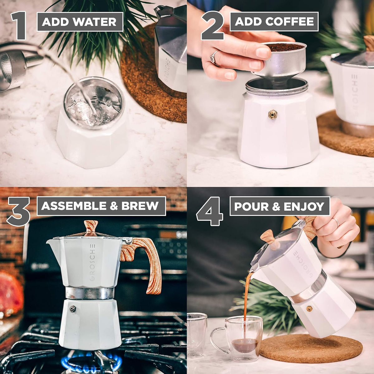 GROSCHE Milano Stovetop Espresso Maker Moka Pot 3 espresso Cup, 5 oz White | Cuban Coffee Maker And Italian Moka Pot For Stovetop Espresso; For Gas, Electric, And Propane Stoves With A Soft-Touch Handle