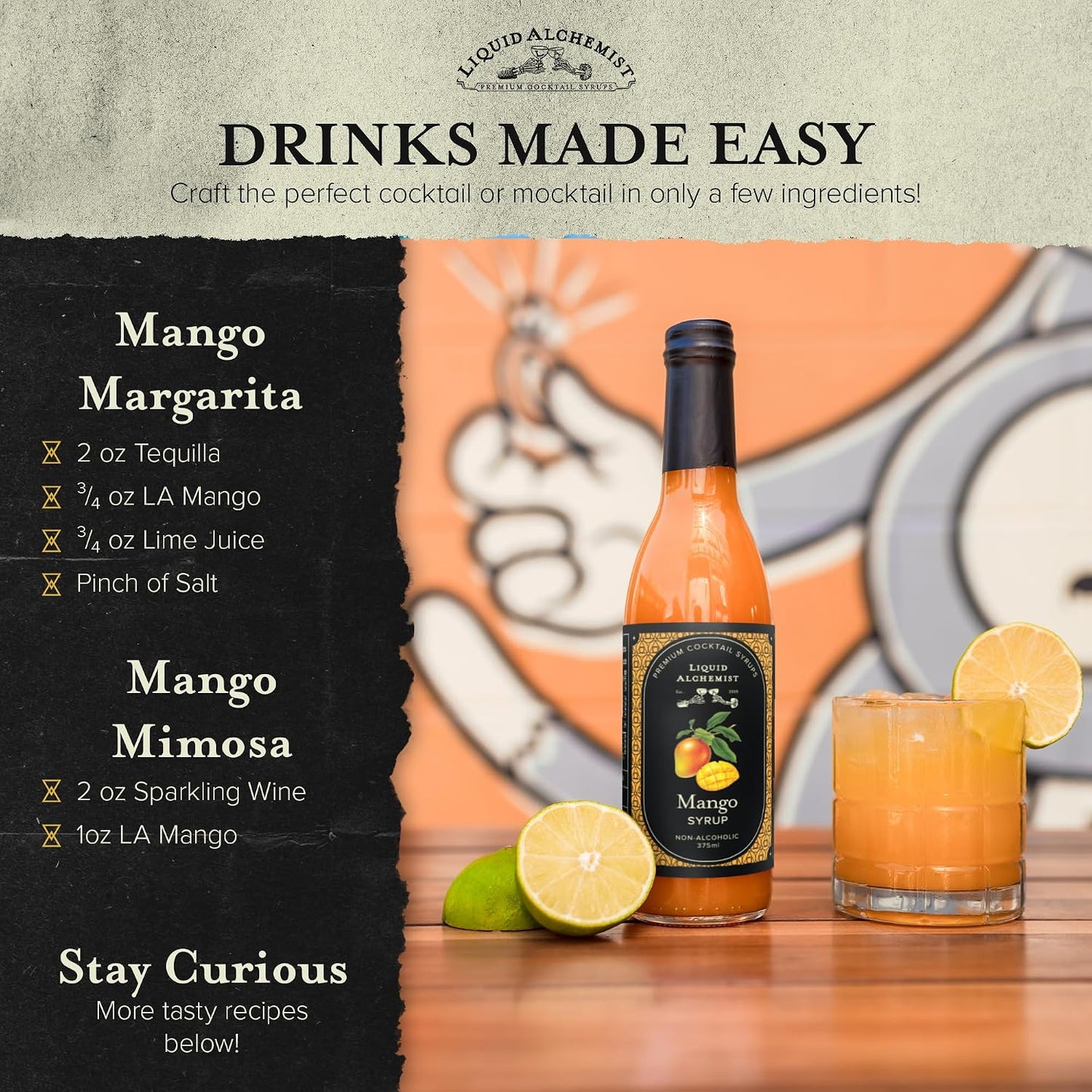 Liquid Alchemist Mango Syrup for Cocktails | Real Ingredients Make our Mango Syrup for Drinks the Perfect Margarita Mix | Small Batch, Non-GMO &amp; Vegan | 25.4 oz Drink Mixer, Pack of 1