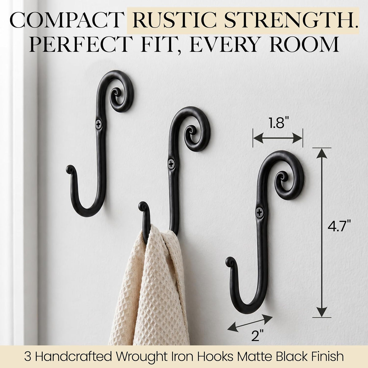 RTZEN Classic Farmhouse Wall Mount Multi-Use Wrought Iron Hook Set (3 Pack)