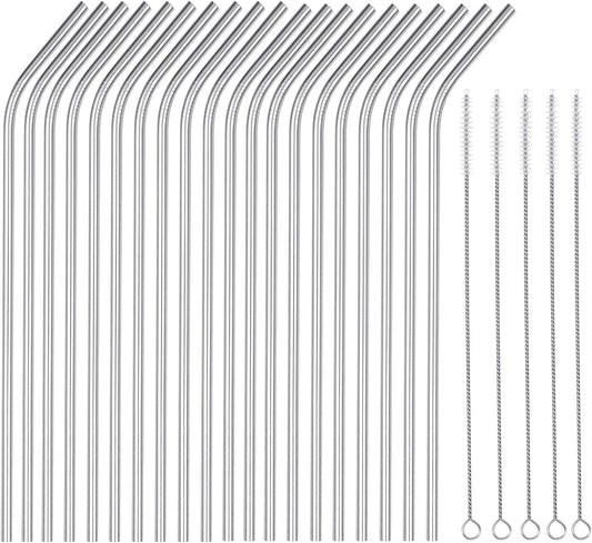 25 Piece Set Stainless Steel Straws Long 8.5 Inch Drinking Metal Straws Reusable Drinking Straws for 20 OZ (20 Bent|5