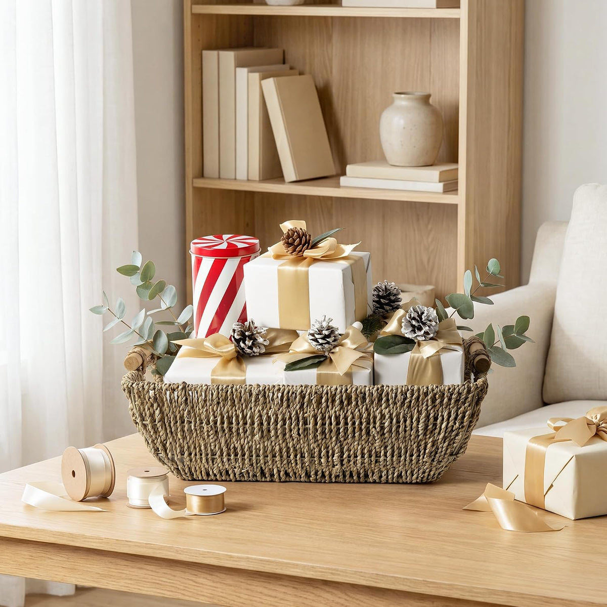 StorageWorks Hand-Woven Jumbo Storage Baskets with Wooden Handles, Seagrass Wicker Baskets for Organizing, 2-Pack