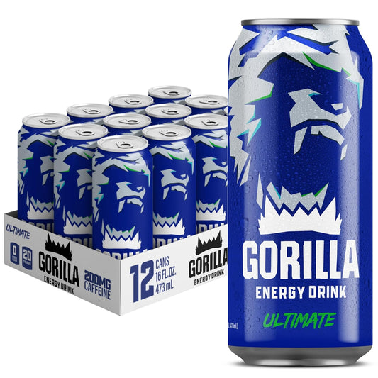 Gorilla Energy Original Energy Drink, Zero Sugar & 200mg Natural Caffeine, L-Theanine, Taurine, Ginseng, Acetyl L-Carnitine,