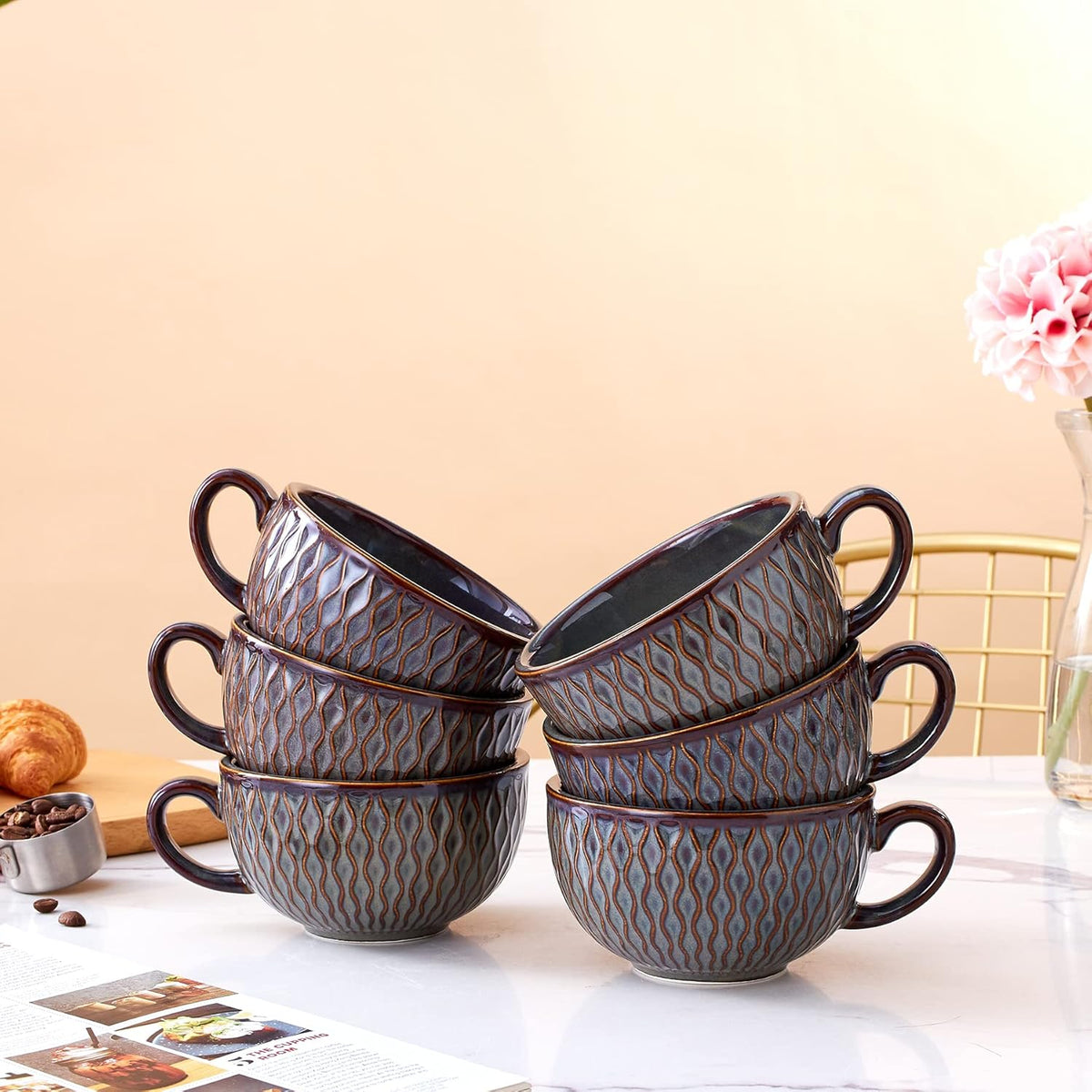 Set of 6 Cups Vintage Design 12 oz Professional Barista Ceramic Latte Art Cappuccino Cups Set (Embossed Grey * 6)