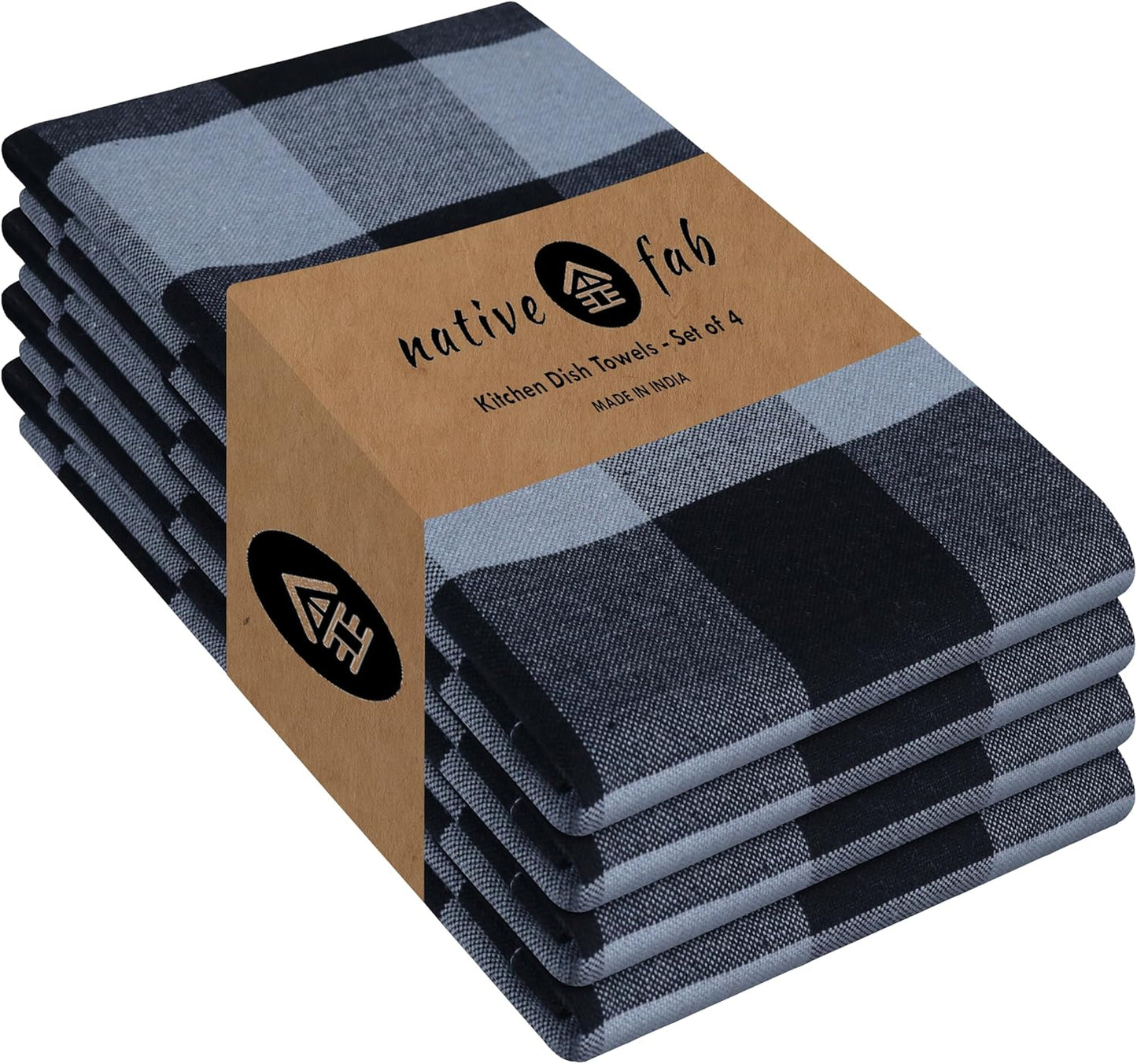 Native Fab Buffalo Check Kitchen Dish Towels, 4 Pack, Cotton, Durable, Washable 16"x26" - Tea Towel,