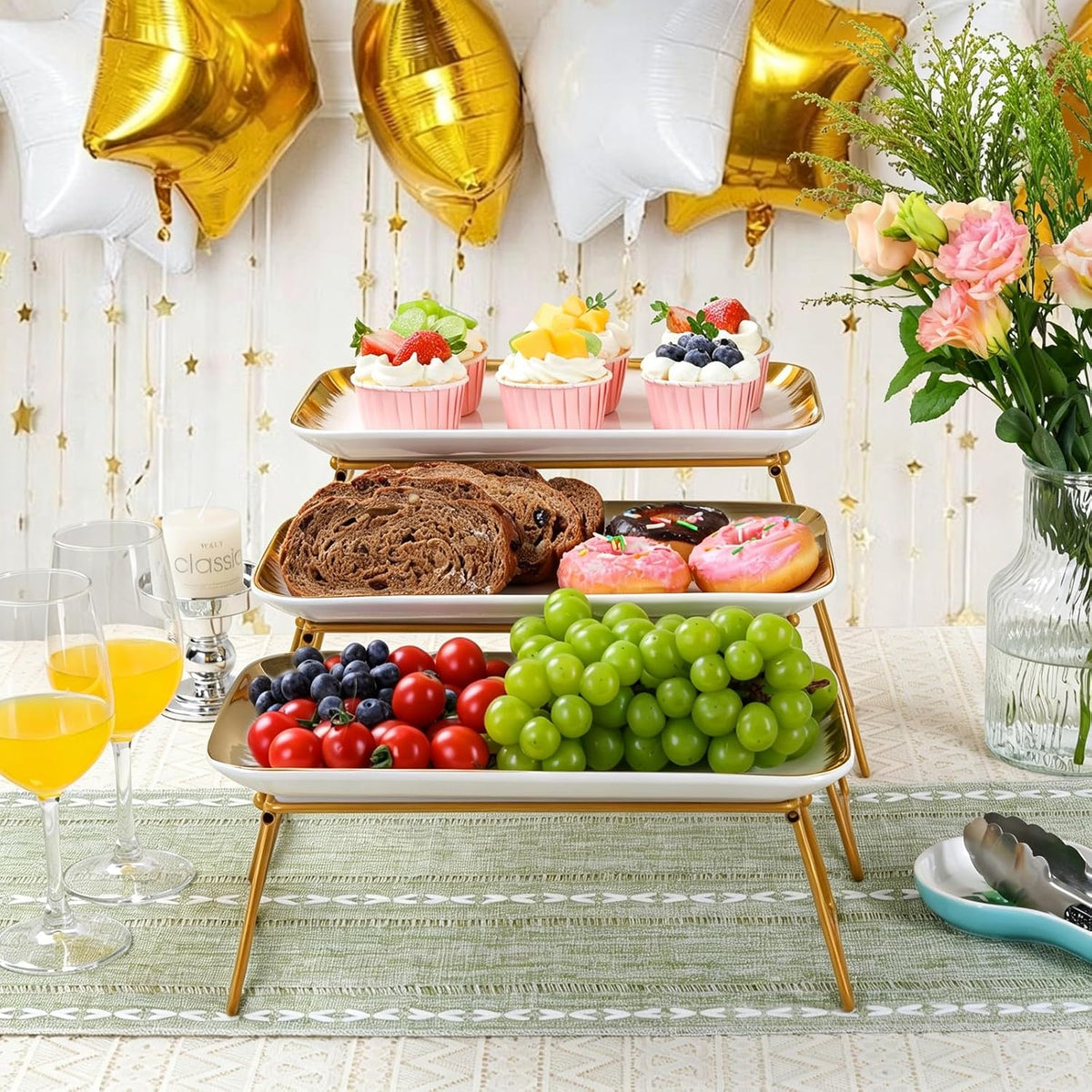 HAPPY KIT 3-Tier Porcelain Serving Tray 12in, Gold-Rimmed Combinable Rack | Freely Combinable Rack, Widened Porcelain Platters, Cupcake Stand Collapsible, Gold-Rimmed