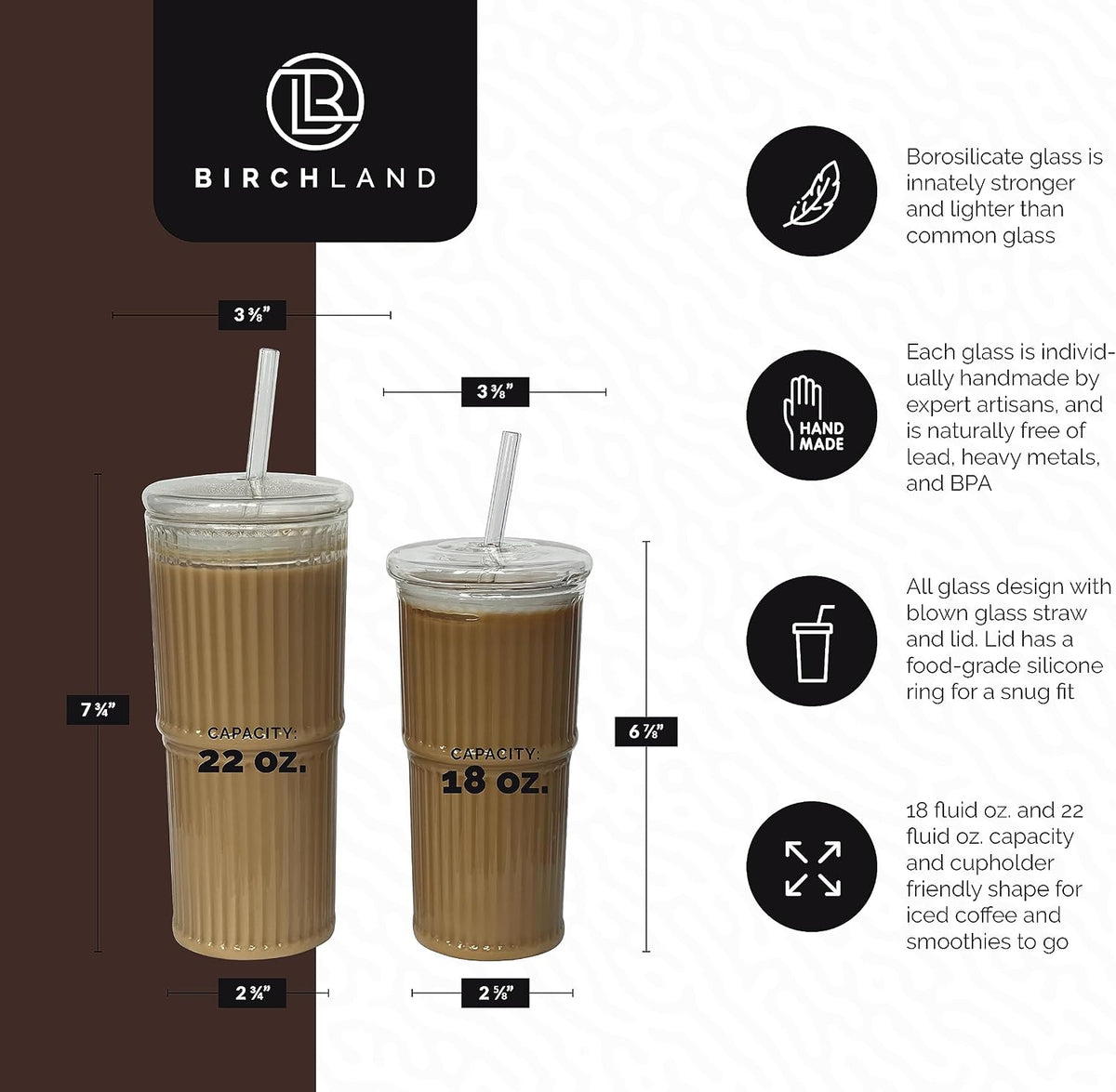 Birchland All Glass Iced Coffee Cup with Lid and Straw, Ribbed Glass Tumbler Set of 2 (18 oz)