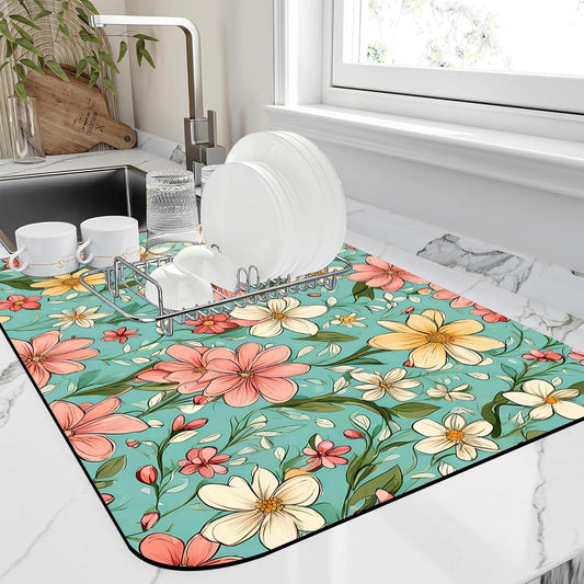 Dish Drying Mat Spring Flower Kitchen Mat 12"x19" Bsorbent Coffee Maker Mat for Dishes,Utensils Coffee Maker Pots and Pans