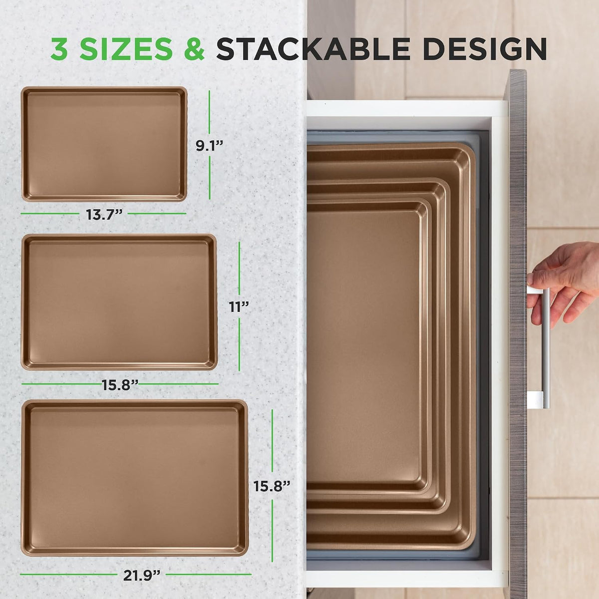 NutriChef 3-Piece Nonstick Baking Pans Set - Thick Carbon Steel Oven Bake Trays - Includes XL, Medium, &amp; Small Sizes - Versatile Cookie Sheets for Baking &amp; Roasting, Dishwasher Safe - Gold