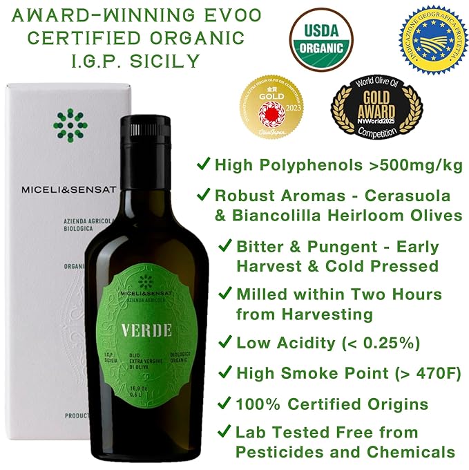 Green Robust Organic 500+ mg/kg Polyphenols Rich Italian Extra Virgin Olive Oil from Italy, 2025 Gold Award, High Antioxidants Peppery Finish, Sicily Certified Origins, Cold Pressed - 16.9 fl oz