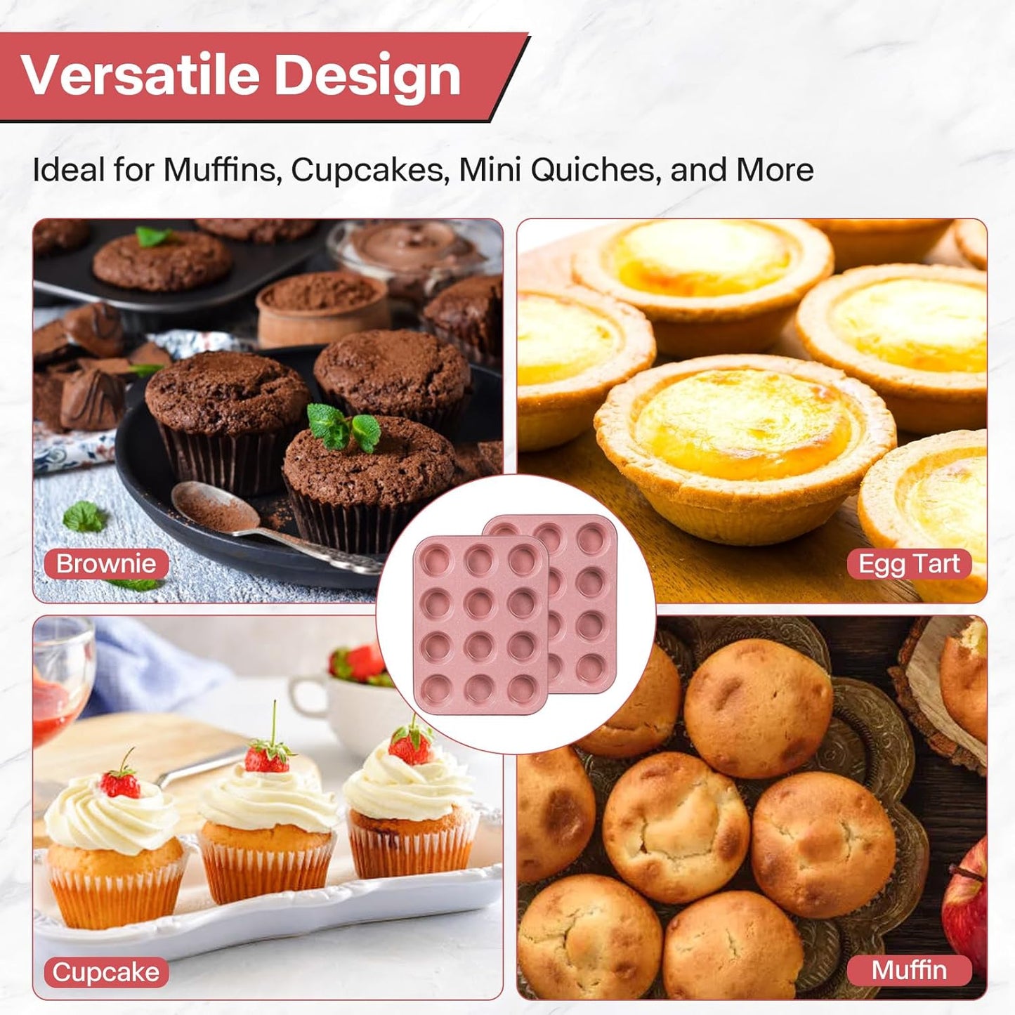 2-Pack Pink Nonstick Muffin Pans, 12-Cup Muffin Cake Pan, 5-Layer Free PFOA/PFOS/PTFE Safe Cupcake Pan, Durable & Easy-Clean Muffin Cup for Baking