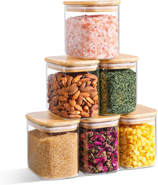 ComSaf 0.7 Qt Rectangle Glass Storage Containers with Lids, Glass Jars with Bamboo Lids, Clear Food Jar, Sugar Coffee