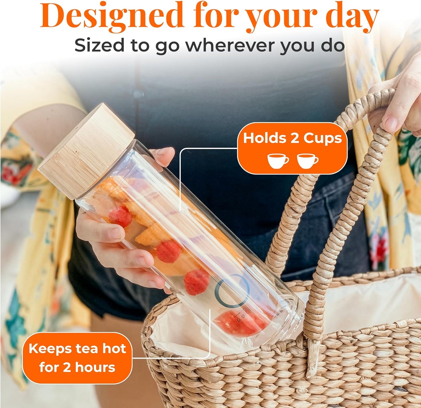 Pure Zen Tea Glass Tea Infuser Bottle, Leakproof, Tea Tumbler with Infuser | 15oz, Double Wall, Travel Sleeve, Extra-fine Stainless Steel Filter, Bamboo Lid, Gift-ready Packaging, Extra-thick Glass