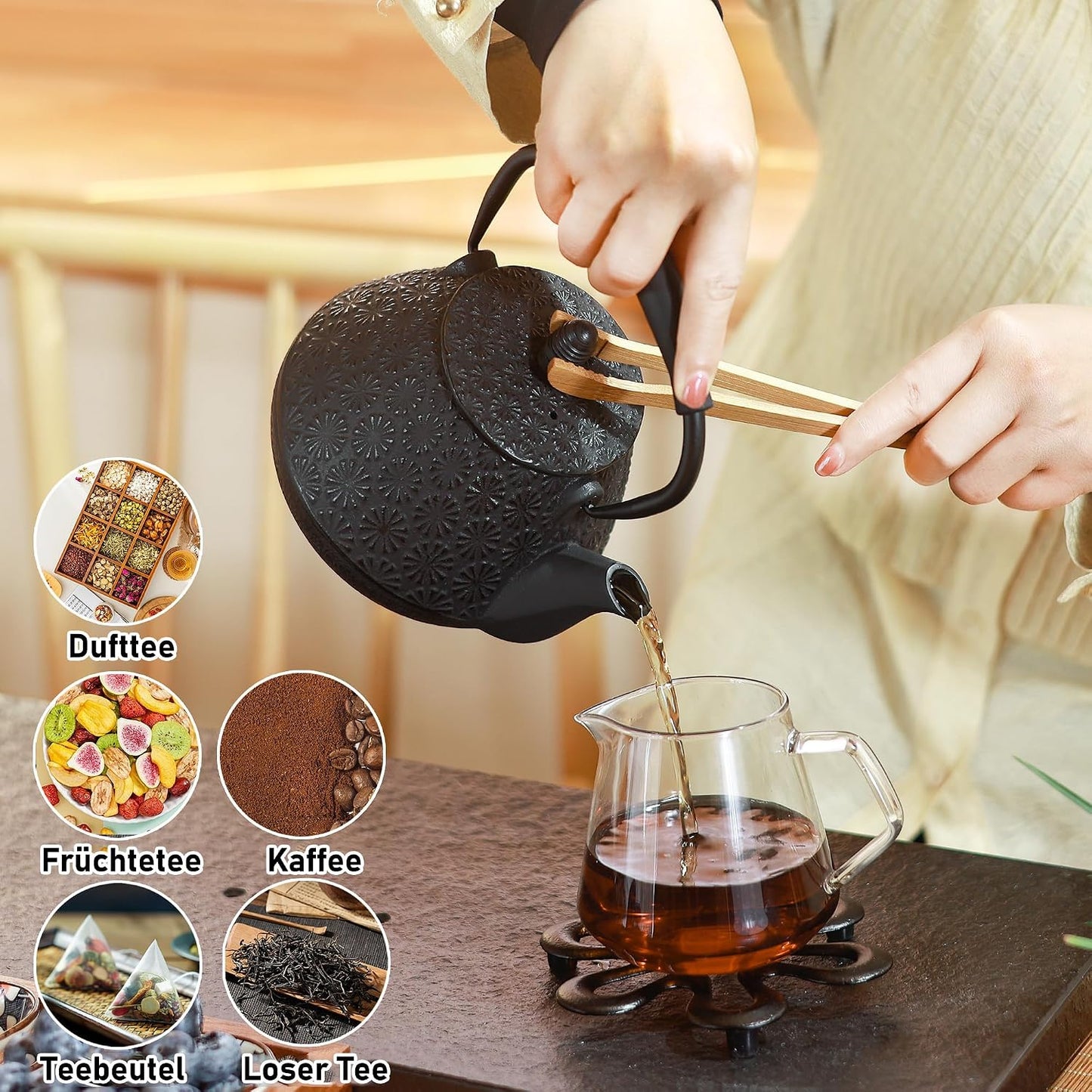 Cast Iron Teapot, 32oz Tea Kettle with Infuser for Stove Top, Sakura Blossom Pattern Japanese Tea Pot for Tea &amp; Coffee Coated with Enameled Interior, Silicone Handle 950ml black