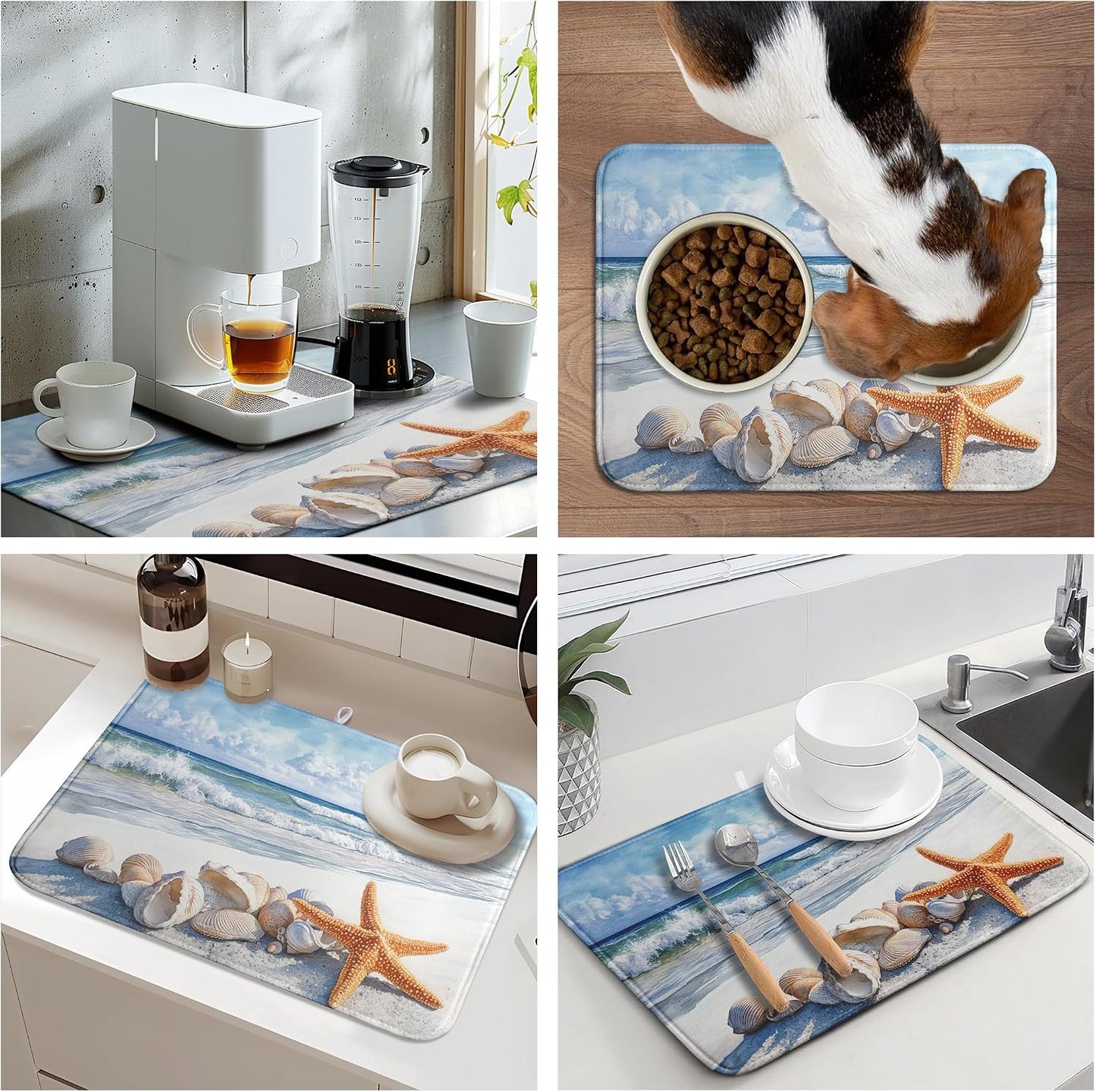 Summer Beach Dish Drying Mat for Kitchen Counter Starfish Coastal Shells Kitchen Dishes Dryer Pad Absorbent Matt Microfiber Washable Foldable Reusable Large 18x24 in