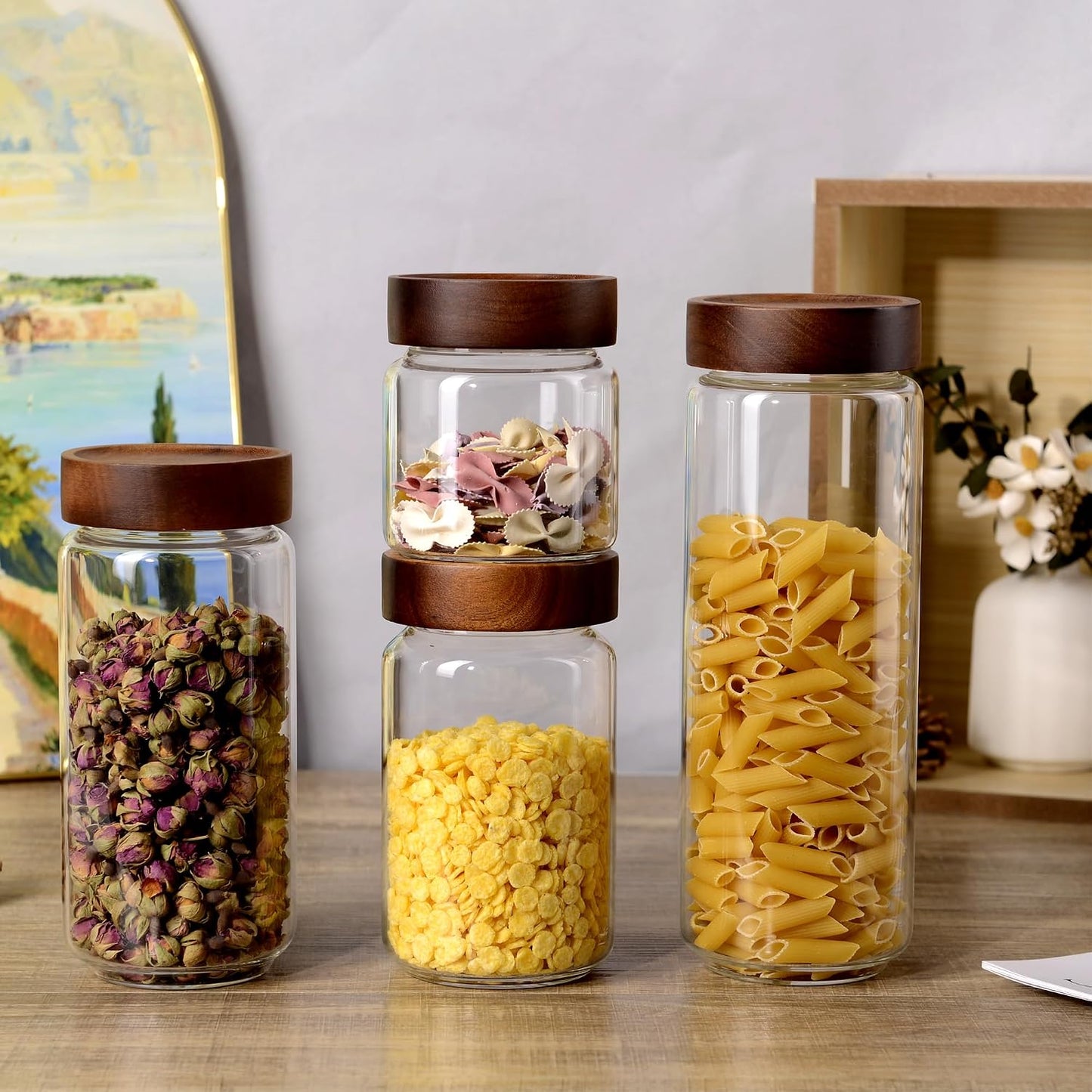 40 fl oz/1200 ml Glass Jar with Airtight Wooden Screw Top Lid, Clear Stackable Food Storage Canister, Large Tall Decorative Glass Container for Coffee, Candy, Cookie, Sugar, Oatmeal, Pasta
