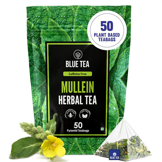 BLUE TEA Mullein Plant-Based Tea Bags, 50 Count – All Natural Mullein Leaf | Herbal Tea for Respiratory Support &amp; Detox | Caffeine-Free, Non-Bitter | Plant-Based Pyramid Tea Bags | No Additives, Premium Ziplock Pack | Straight from the Himalayas