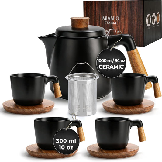 MIAMIO – 34 Oz Ceramic Tea Pot Set with Infuser and Cups/Tea Strainer, 4 Ceramic Tea Mugs (10 Oz), Bamboo Saucers/Handle for