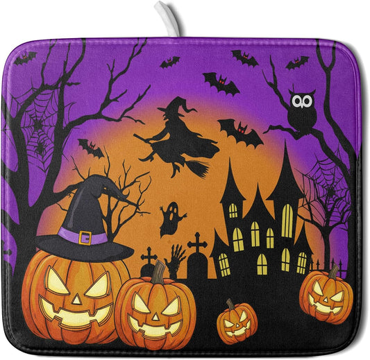 Happy Halloween Pumpkin Dish Drying Mat for Kitchen Counter,Witch Ghost Castle Bat Purple Drying Mat 16 x 18 Inch with High