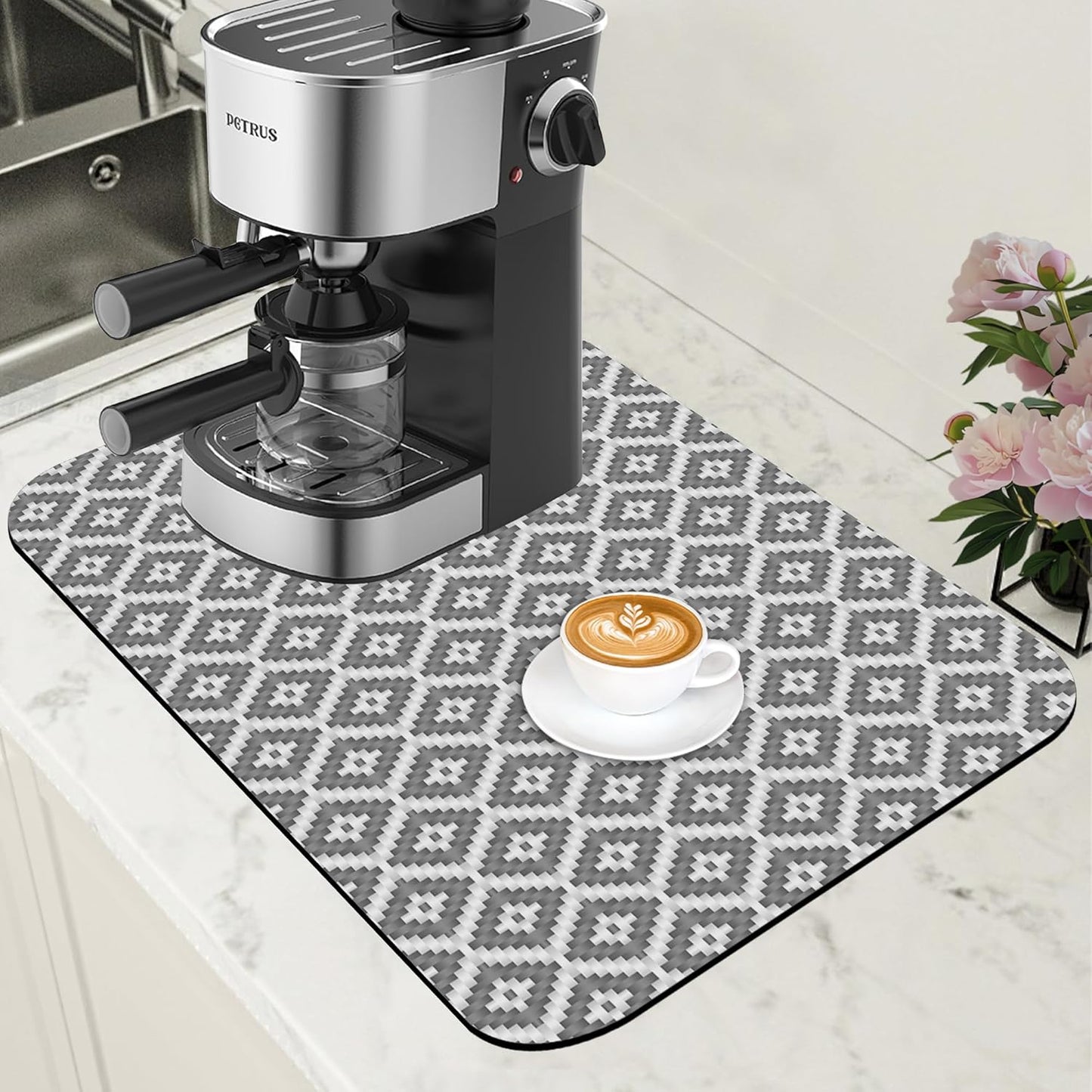 Ethnic Geometric Dish Drying Mat for Kitchen Counter Bar Mat Hide Stain Absorbent Rubber Backed Coffee Mat Maker Espresso Machine Bar Accessories 11.8 x 19.7 Inch