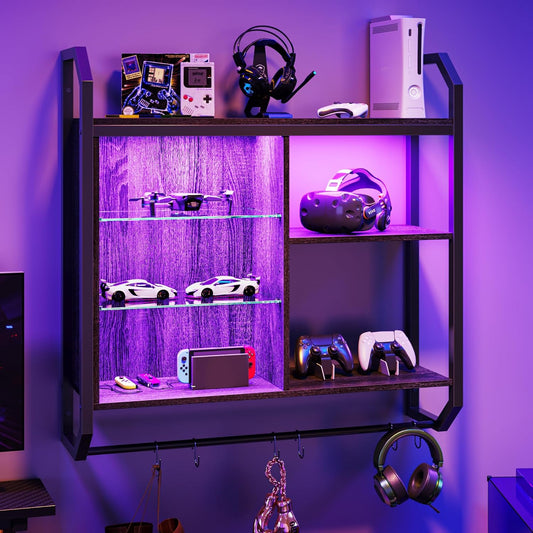 Bestier Gaming Floating Shelves, 34" LED Wall Mounted Shelf with Adjustable Glass Shelf, Pipe Shelves Hanging Display Rack
