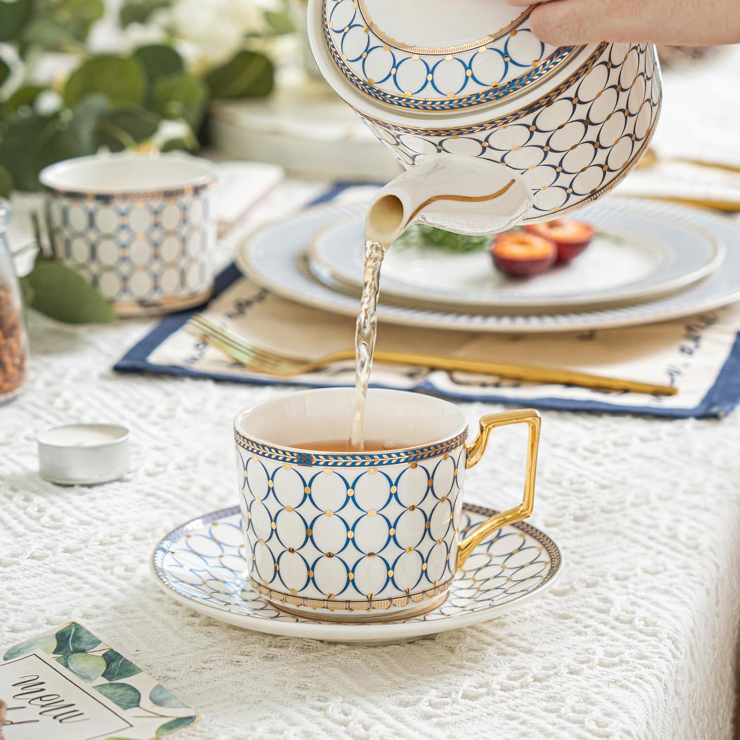 CwlwGO- Bone China Tea Cup Sets,15-Pieces Tea Cup and Saucer Set Service For 4 Whit 28 Ounces Teapot,Sugar Bowl,Creamer