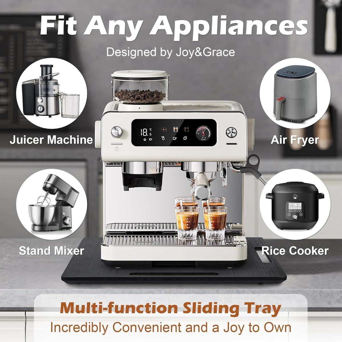Joy&amp;Grace Appliance Slider for Kitchen Appliances 360° Rolling Sliding Tray for Coffee Maker Countertop, Bamboo Coffee Pot Slider Rolling Tray with Universal Rollers (Black, Medium 14.5" x 10")