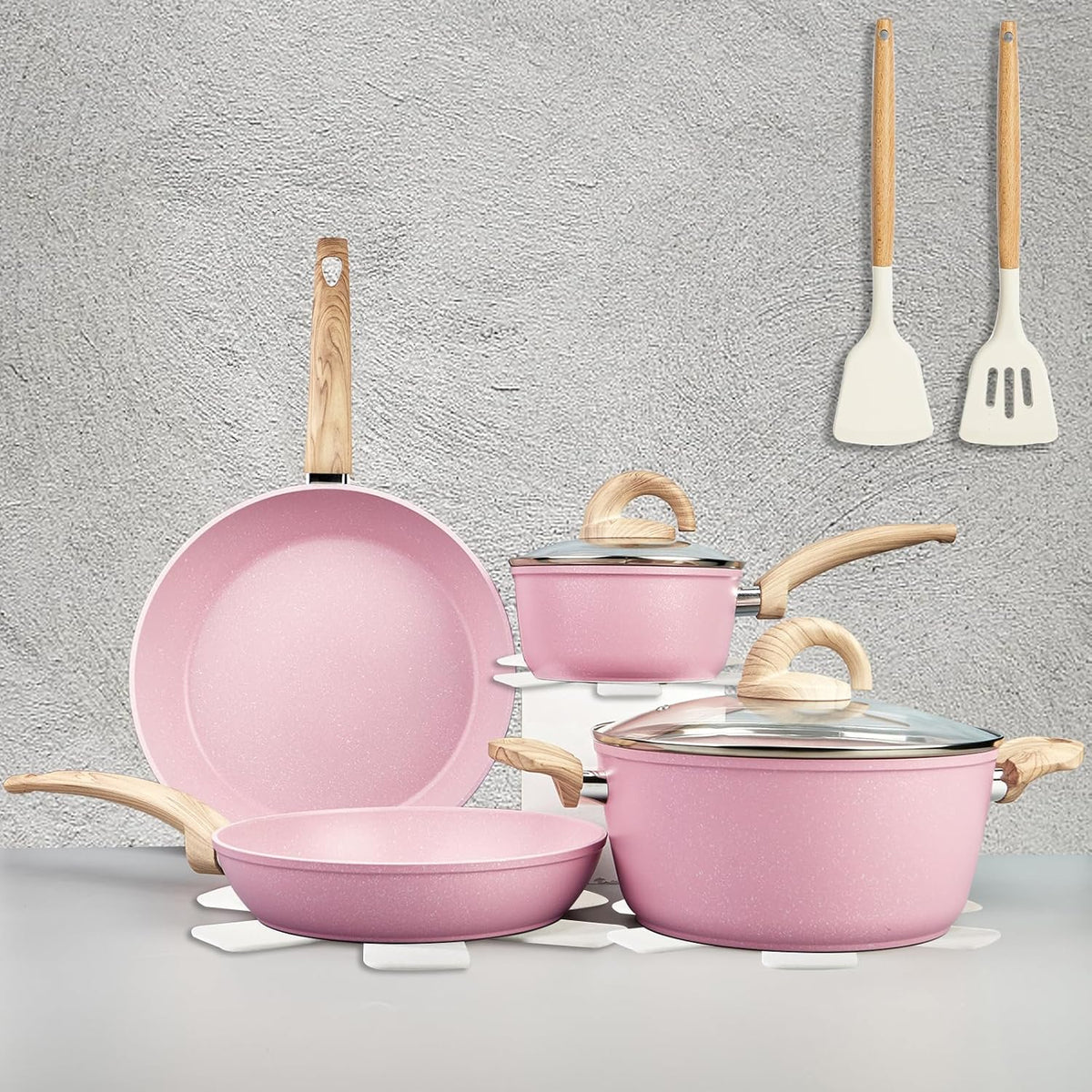 Pink Pots and Pans Set Non Stick, Ceramic Cookware Set with Granite Pattern Kitchen Cooking Sets Induction Pot and Pan w/Frying Pans, Saucepans, Casserole, Non-Toxic, PTFE/PFOA/PFOS-Free