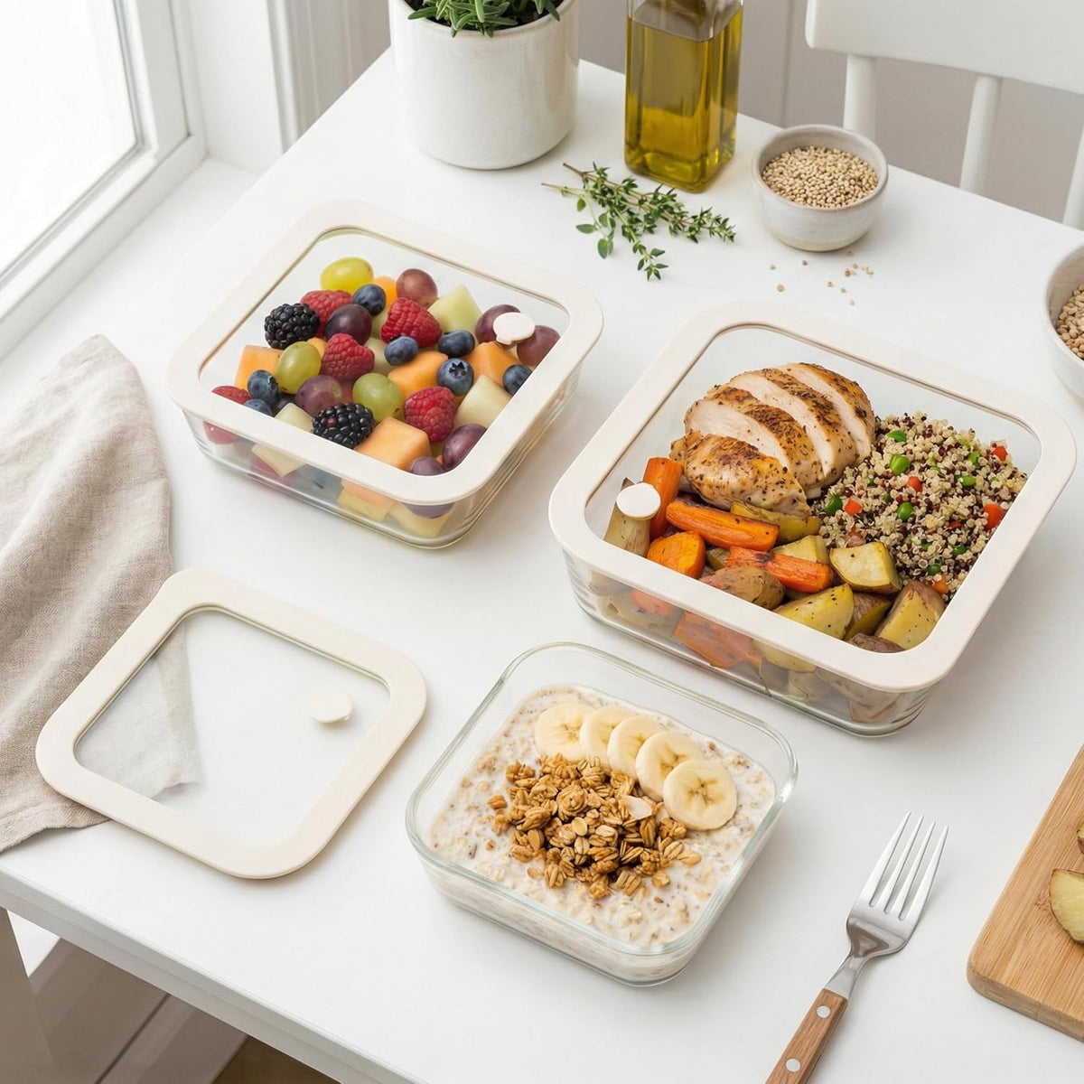 Urban Green Glass Food Container Set with Silicone Glass Lid, Large Size 3 Pack, Meal Prep Food Storage Containers with Airtight Lids, Leakproof, 100% Plastic Free, White color