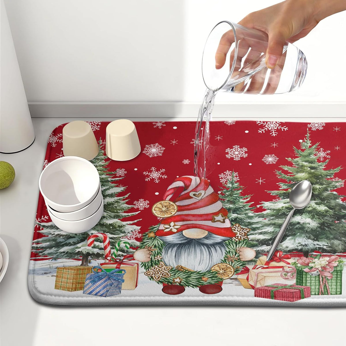 Kawani Christmas Gnome Dish Drying Mats for Kitchen Counter Christmas Gnomes Snowflakes Absorbent Microfiber Dishes Drying Pad Xmas Kitchen Drying Mat Drying Rack Mat Kitchen Accessories 16"x18"