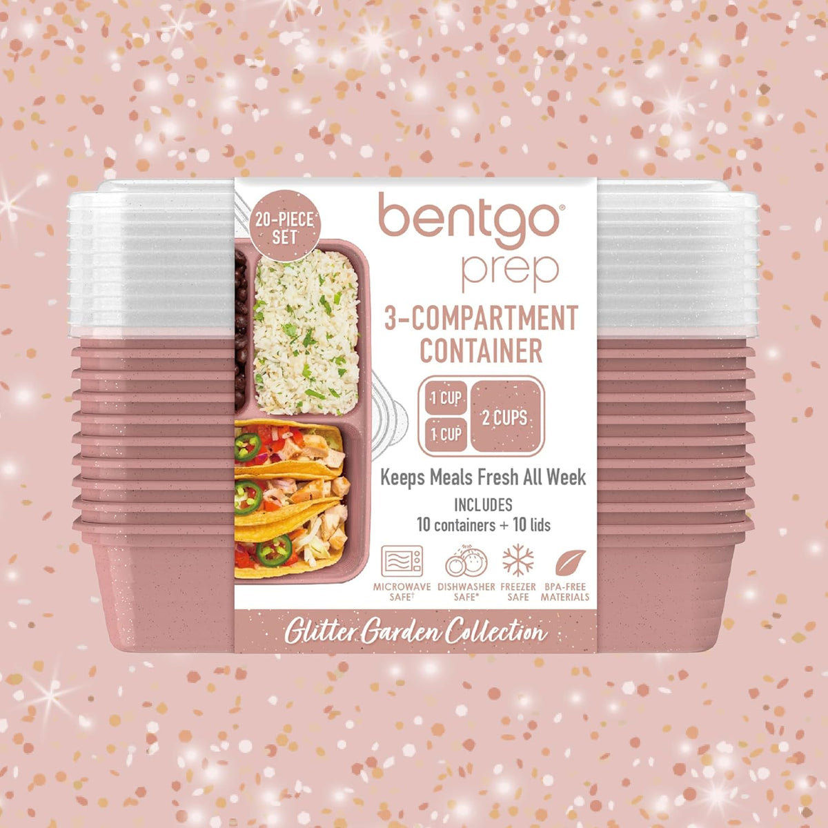 Bentgo Prep - 20-Piece 3-Compartment Reusable Meal Prep Containers with Lids, PFAS & BPA Free Materials, Durable, Microwave, Freezer, & Dishwasher Safe To Go Food Storage (Rosette Glitter)