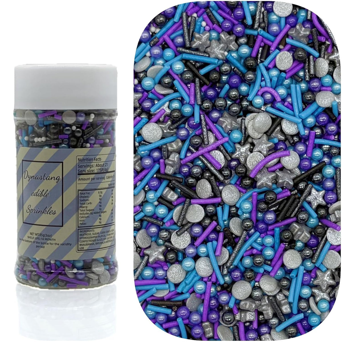Dynastang Black &amp; Silver &amp; Blue &amp; Purple Sprinkles Mixed Style Edible Cake Decorations Cupcake Toppers Cookie Perfect for Cakes, Cupcakes, Desserts Toppings 3OZ