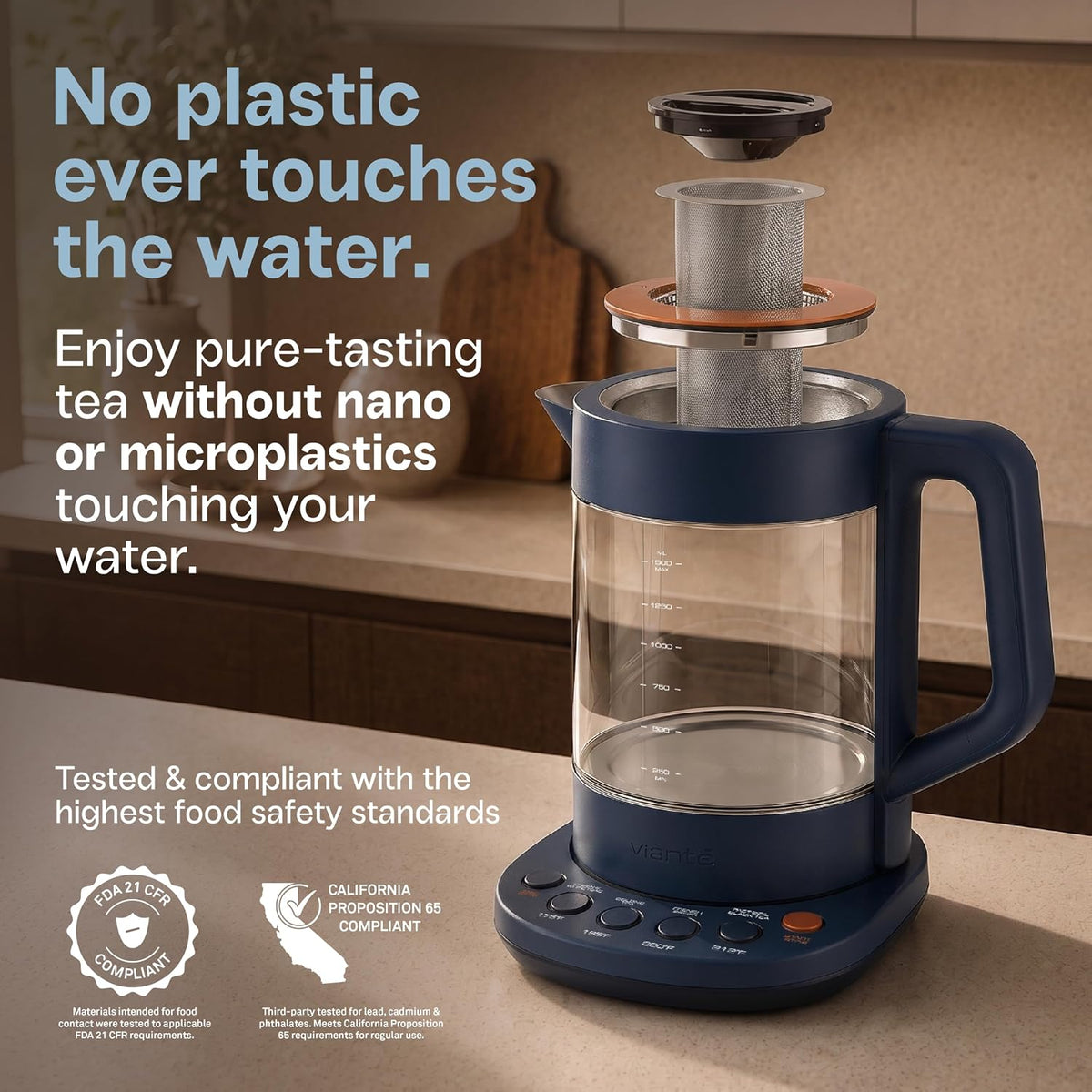 Viante Alba Electric Tea Kettle, Infuser, No Plastic, 1.5L, Midnight Blue