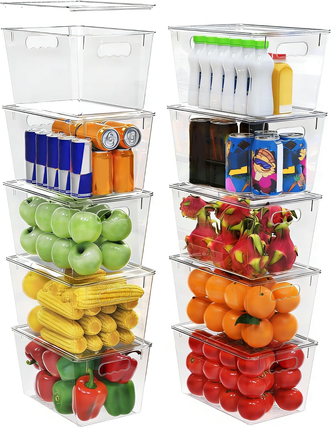 YAN & HIN 10 pcs/set Large Clear Storage Bins with Lids - Stackable, Transparent Pantry Storage with Handles - Nest Nicely for Easy Organization (11 "L x 7.5" W x 6.1 "H)
