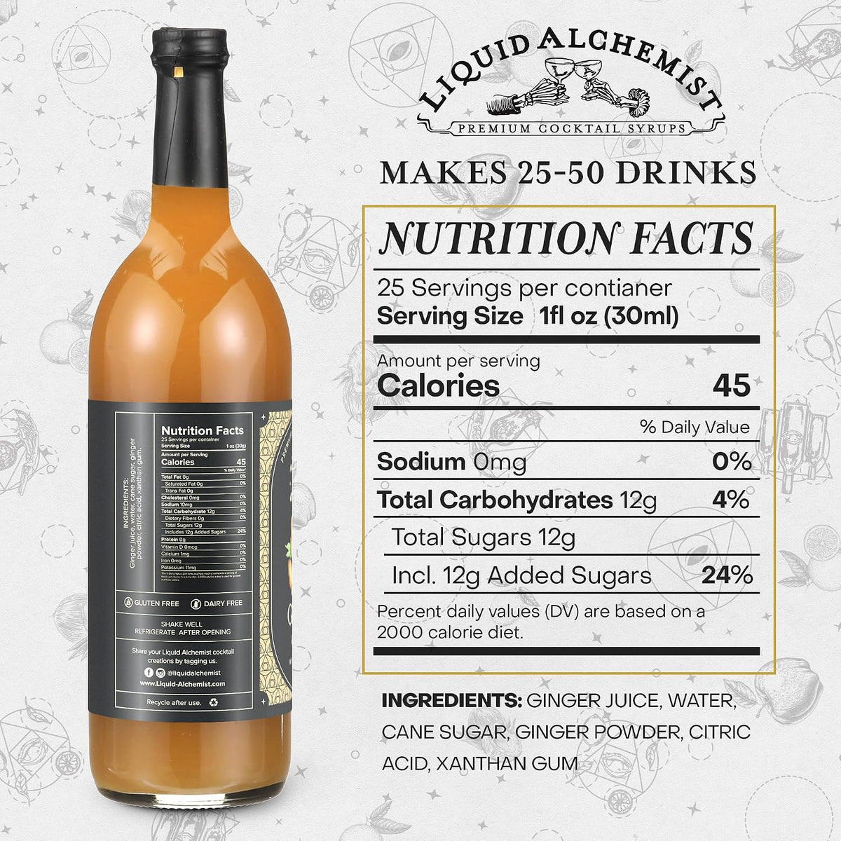 Liquid Alchemist Ginger Syrup for Cocktails | Real Ingredients Make our Liquid Ginger Puree for Cocktails the Perfect Moscow Mule Syrup | Small Batch, Non-GMO &amp; Vegan | 25.4 oz Drink Mixer, Pack of 1