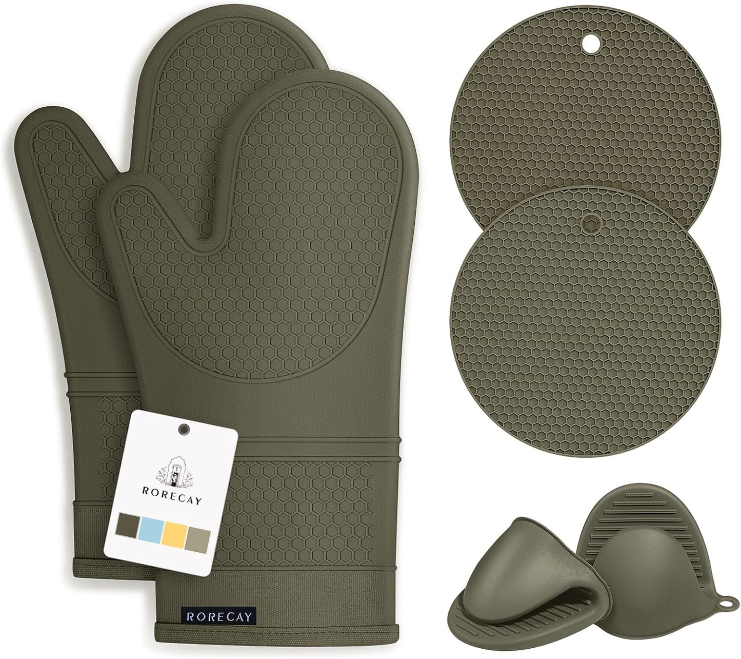 RORECAY Silicone Oven Mitts and Pot Holders Sets, Gloves for Kitchen, Olive | Set of 6 Kitchen Mitts for Baking &amp; Cooking, Heat Resistant 500 ℉, 12.7" Extra Long, Non-Slip &amp; Waterproof, Quilted Cotton