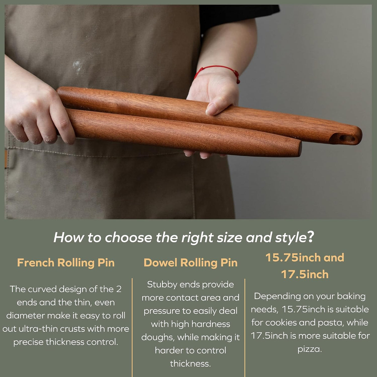 muso wood Sapele French Rolling Pin for Baking | Tapered Design, 15.75 inch, Ideal for Fondant, Pie Crust, Cookies &amp; Pastry Making