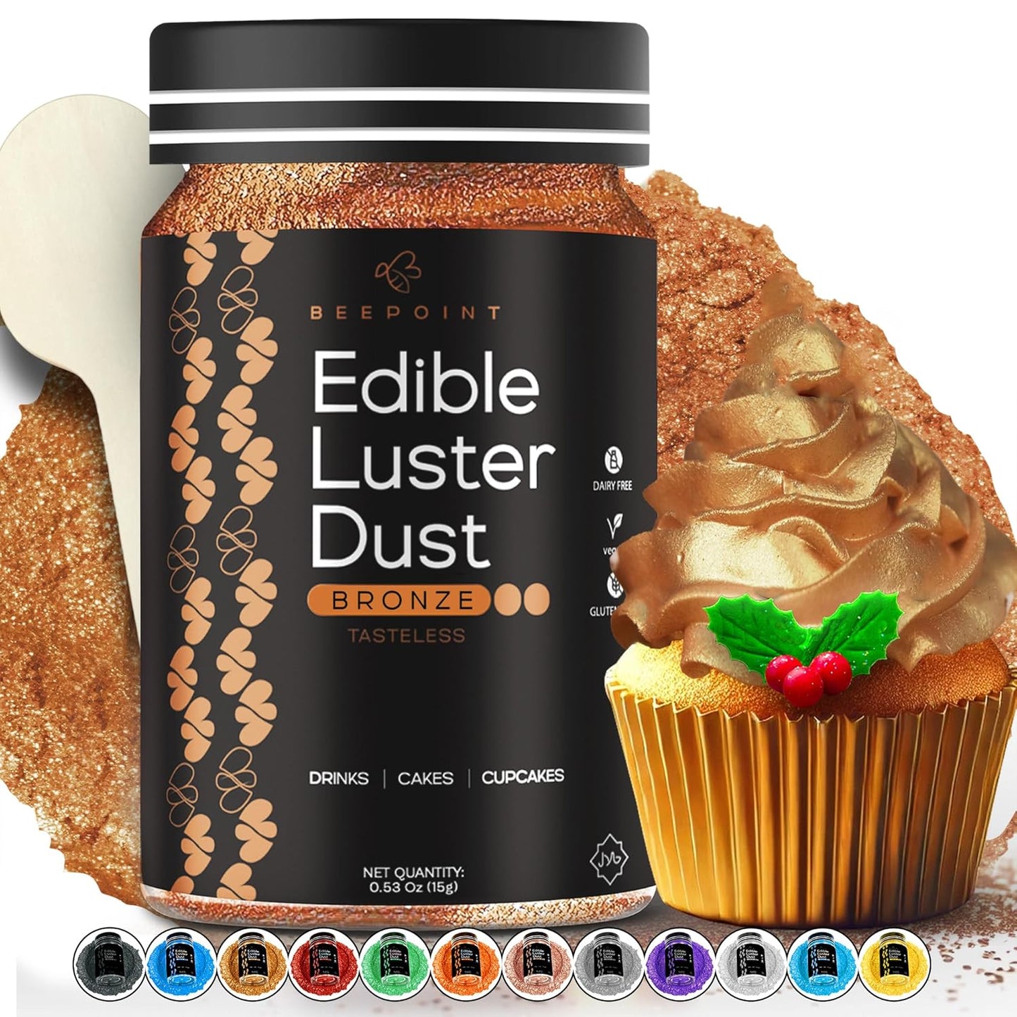 BeePoint Bronze Edible Luster Dust 15g - Food Grade, Vibrant Color Shimmer Powdered Dust for Drinks,