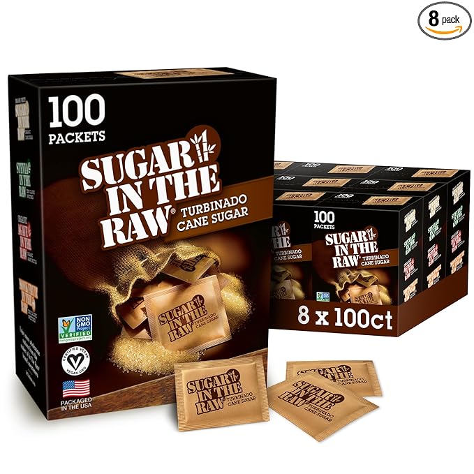 In The Raw Turbinado Cane Sugar Packets, 100 Ct Box, 8 Pack, Pure, All-Natural Turbinado Sugar, Non-GMO Project Verified, Kosher, Vegan and Gluten Free