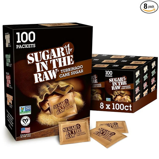 In The Raw Turbinado Cane Sugar Packets, 100 Ct Box, 8 Pack, Pure, All-Natural Turbinado Sugar, Non-GMO Project Verified,