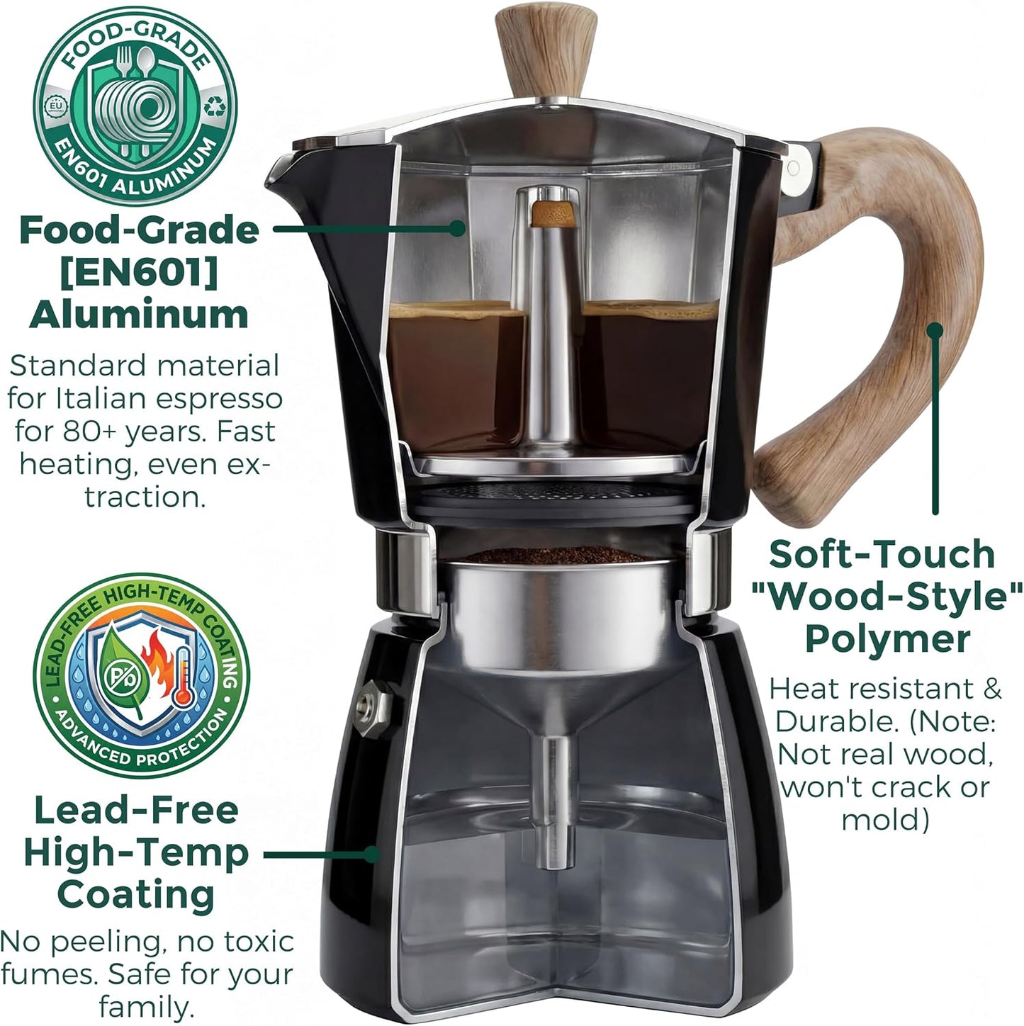 AGOGO Moka Pot Stovetop Espresso Set &amp; Cuban Coffee Maker 6-Cup/300ml Black | Upgraded anti-snap grip, Home &amp; camping greca percolator, 100 filters for sediment-free brew, Brush &amp; towel gift set