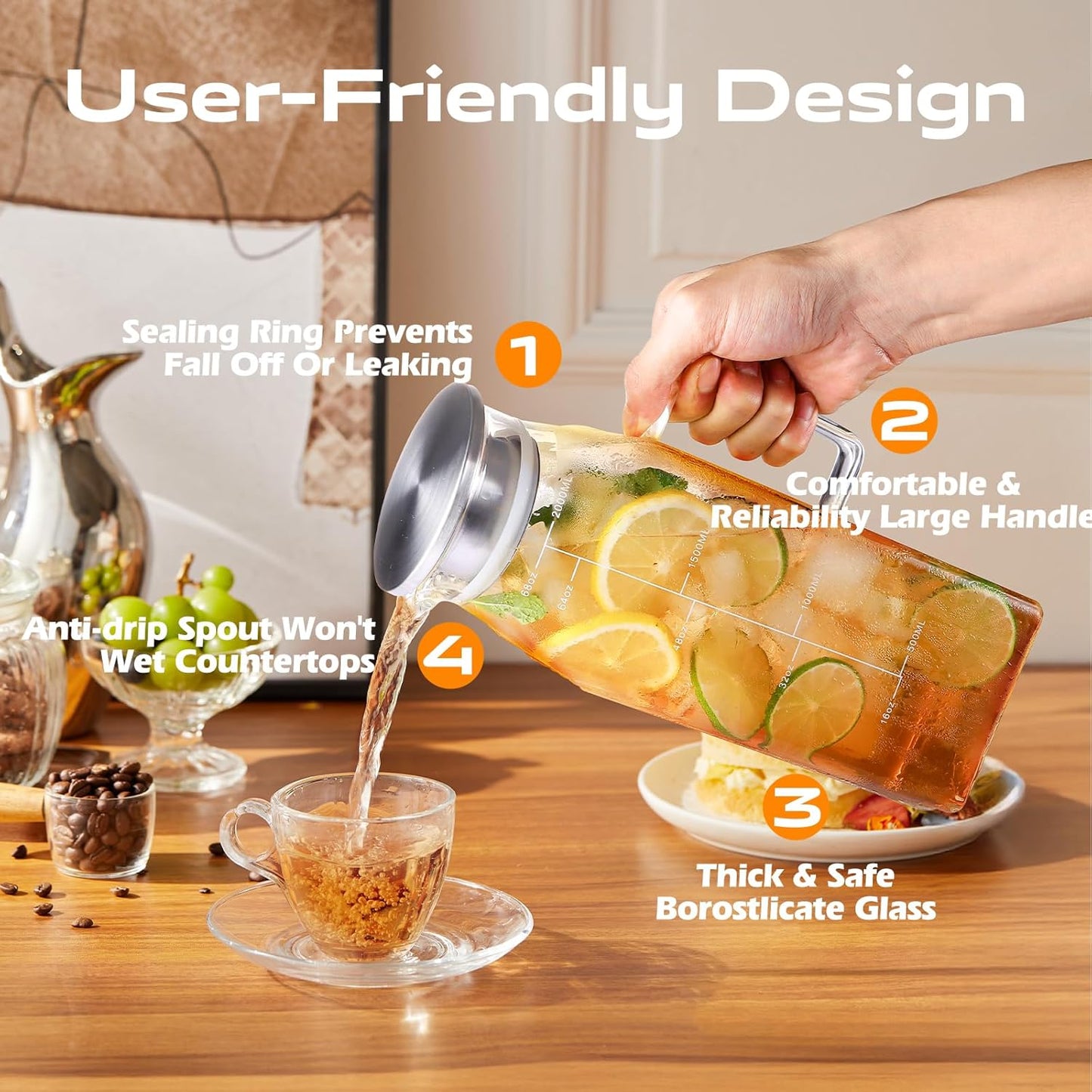 Aofmee 68oz Glass Pitcher with Lid and Handle for Fridge, Clear 2pc | Iced Tea Pitcher for Fridge, Borosilicate Glass Carafe, Sun Tea Jar, Dual Pour Stainless Lid, Dishwasher Safe