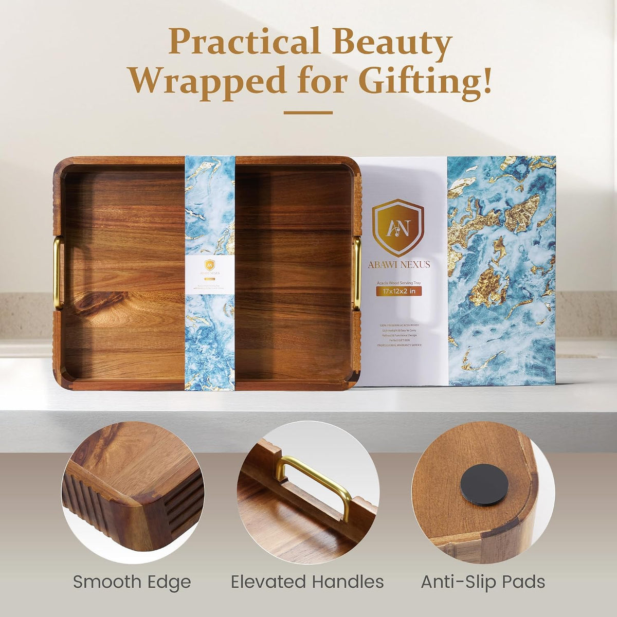 Acacia Wood Serving Tray with Gold Handles (Natural, 17" x 13" x 2") | Decorative coffee table tray for living room &amp; ottoman tray with anti-slip pads, bar tray, Breakfast in Bed and gift box.