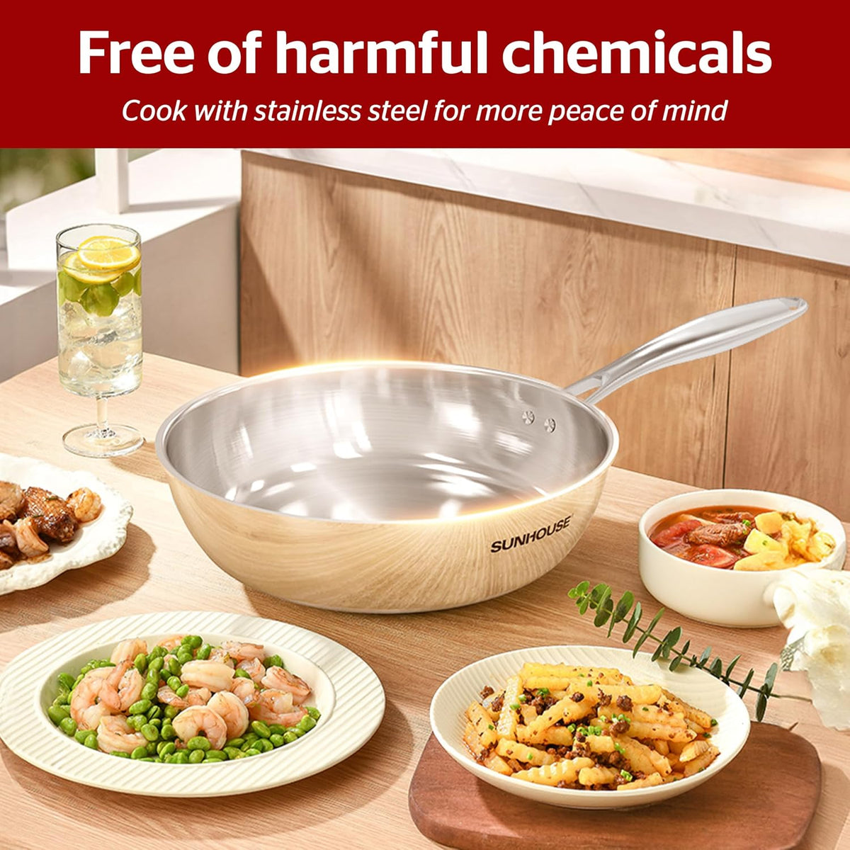 Sunhouse 8 Inch 18/10 Chef Series Stainless Steel Frying Pan, Tri-Ply Stainless Steel Construction, PFOA-FREE, Stay-Cool Handle, Induction Compatible