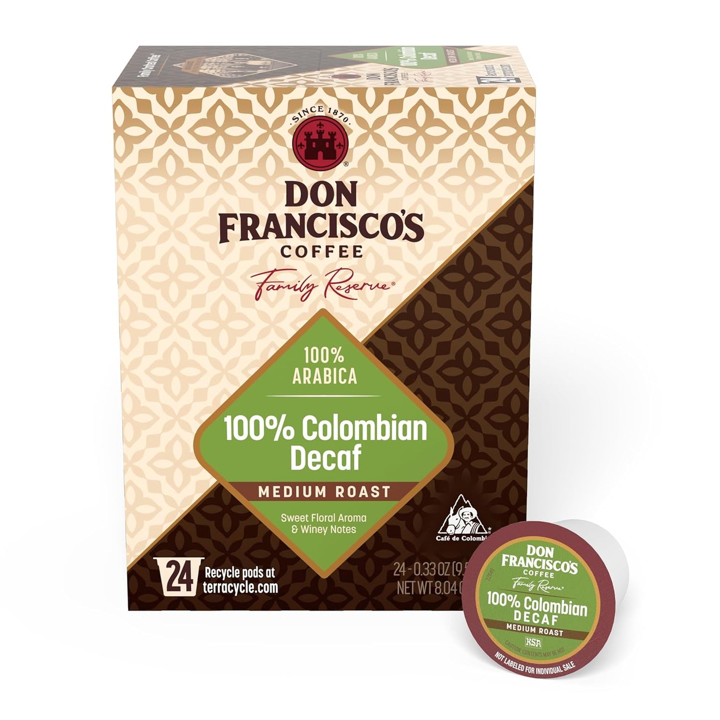 Don Francisco's 100% Colombian Decaf Coffee Pods, Medium Roast, 24ct | Compatible with Keurig Coffee Pod Brewers, 100% Arabica Coffee, Convenient Single Serve Brewing, Fresh Brew in Every Cup