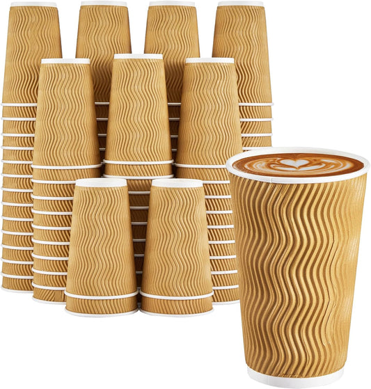 90 Pack 16 oz Disposable Coffee Cups No Lids, Champagne Insulated Ripple Wall Paper Coffee Cups 16oz, Kraft Corrugated